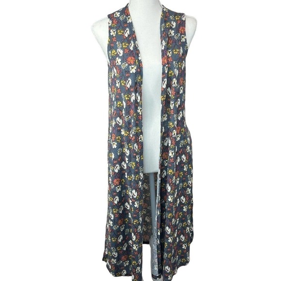 LuLaRoe Joy Women's Sleeveless Duster Vest Size S Floral Gray Ribbed Long - Picture 1 of 8